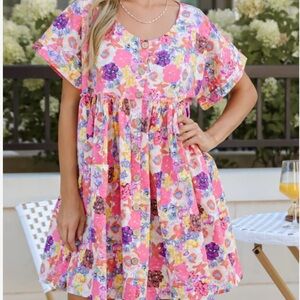 Dress Up Hudson Gray Pink and Blue Floral Ruffled Tiered Babydoll Dress